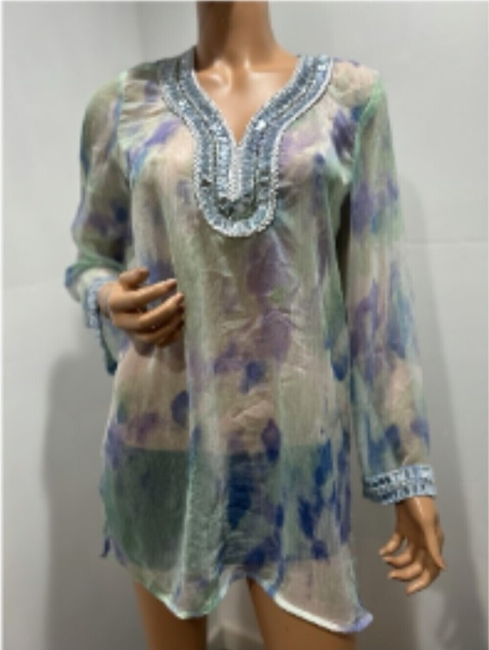 Adrienne Vittadini Pastel Tie-Dye Tunic Sheer Swim Cover W/Silver Accents Size L